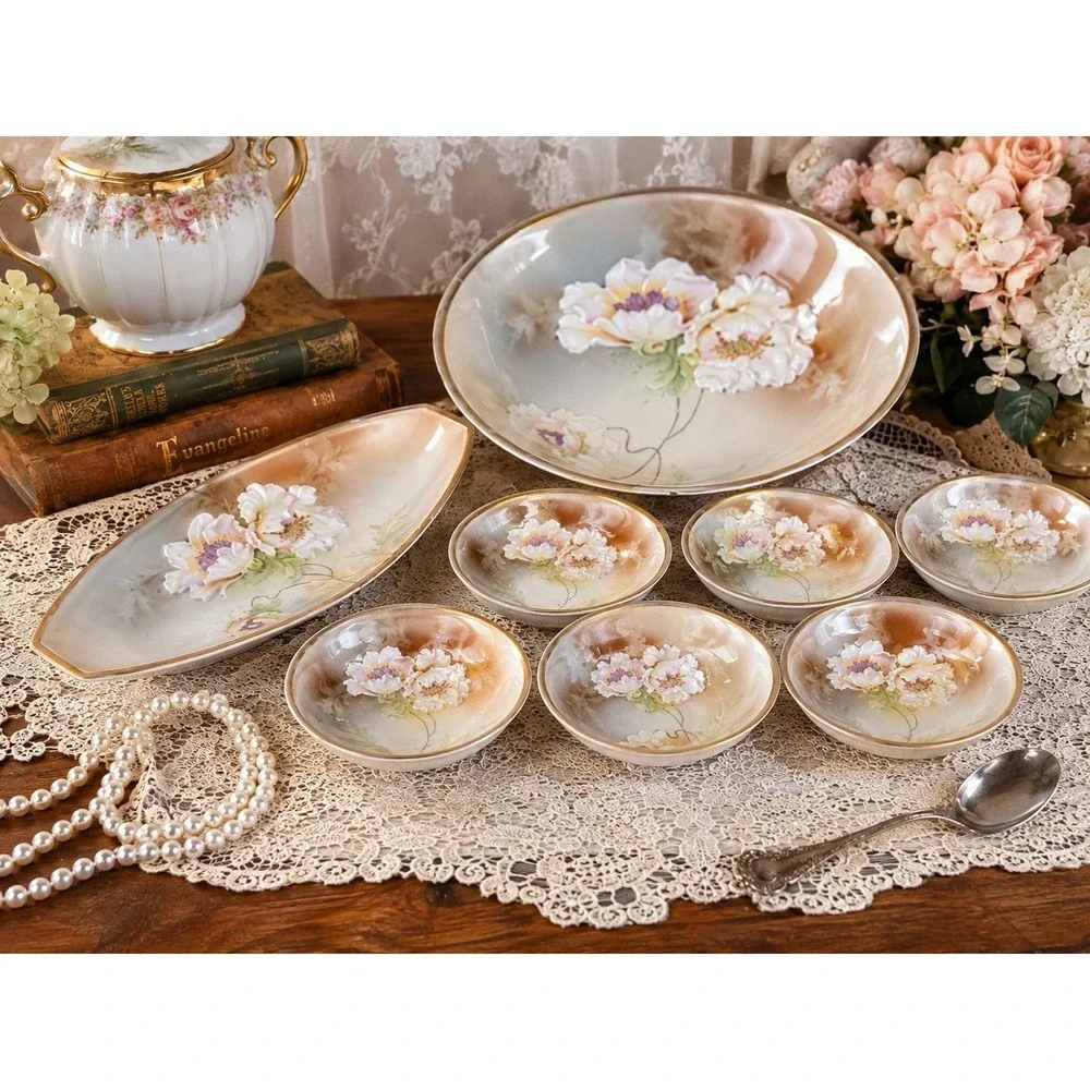 Antique RS Germany 3 Crown Berry Bowl 8 Pc Set Raised Enamel Poppy Floral Gold